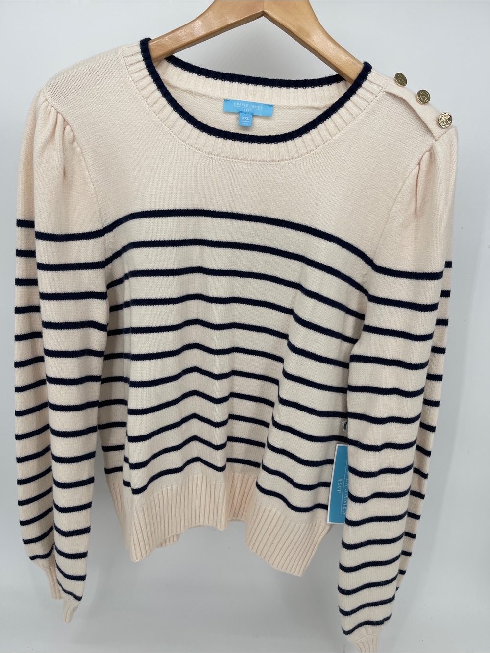 Draper James Cream Sweater with Navy Stripes and Gold Shoulder Buttons Women XXL